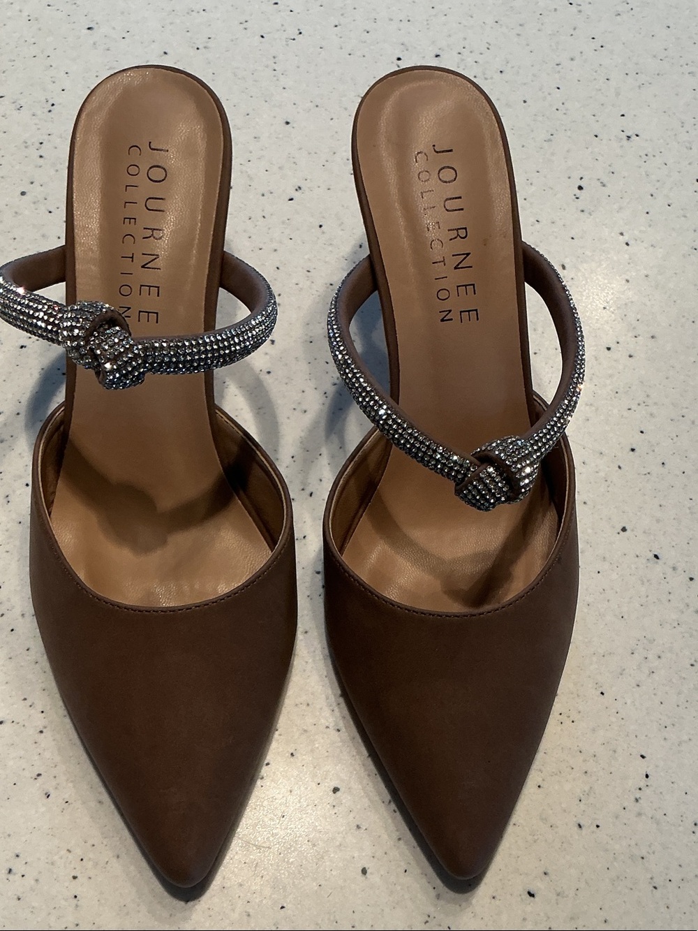 Journee Collection Brown Pointed-Toe Rhinestone-Knot Mules